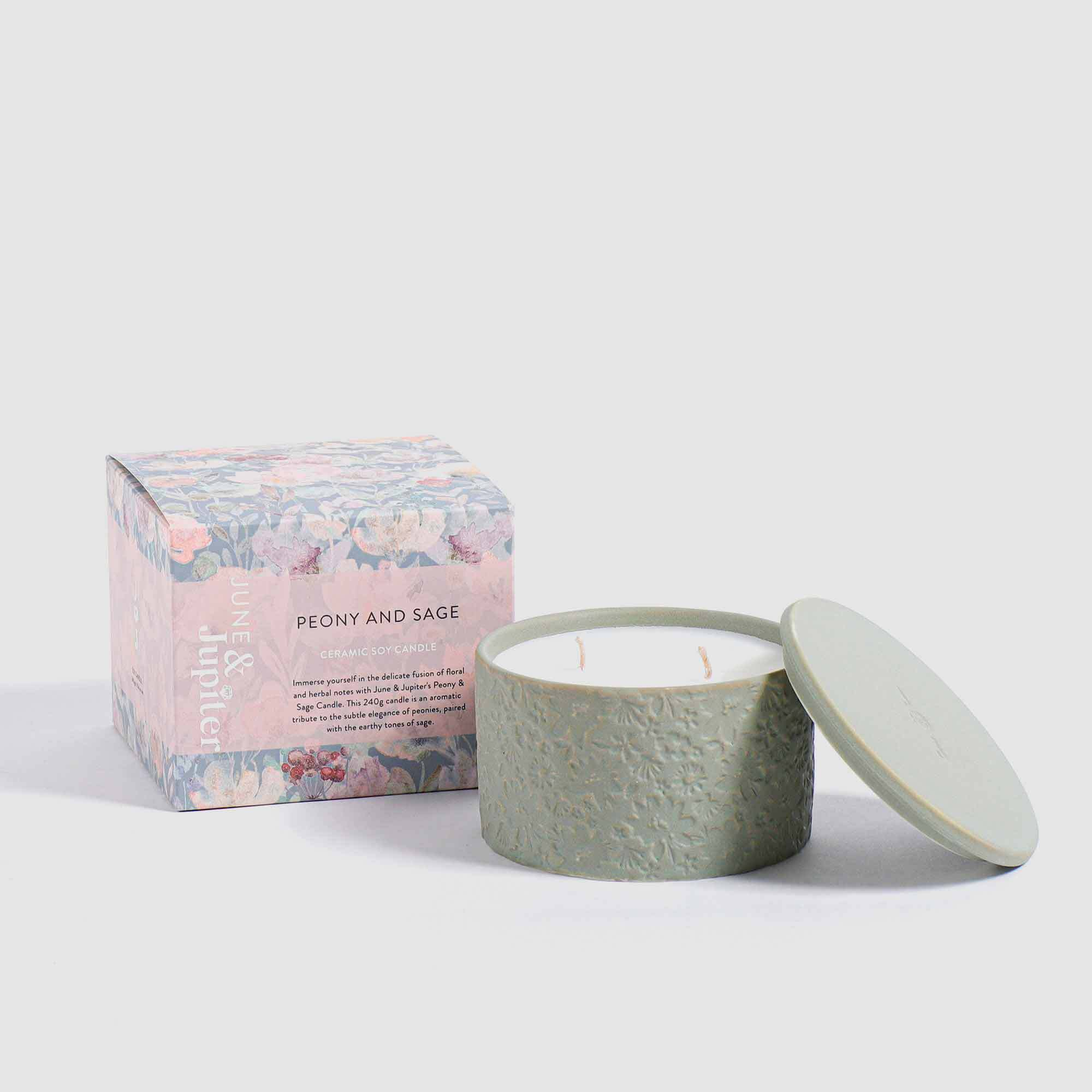 June & Jupiter Peony & Sage Ceramic Soy Candle 240g